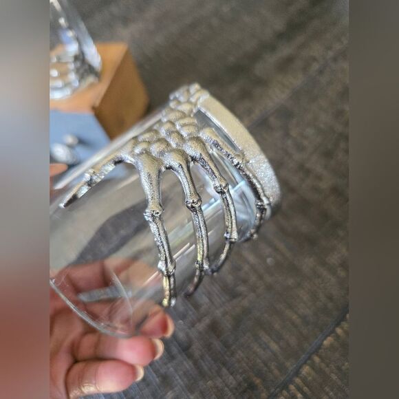 Skeleton Hand Double Old Fashioned Glass Cup Halloween Spooky 4'H Set Of 2 - Picture 3 of 9